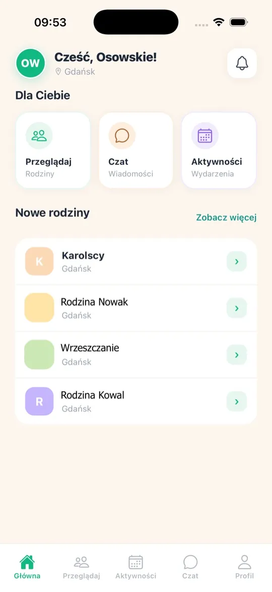 ParentMatch app home screen with new families nearby